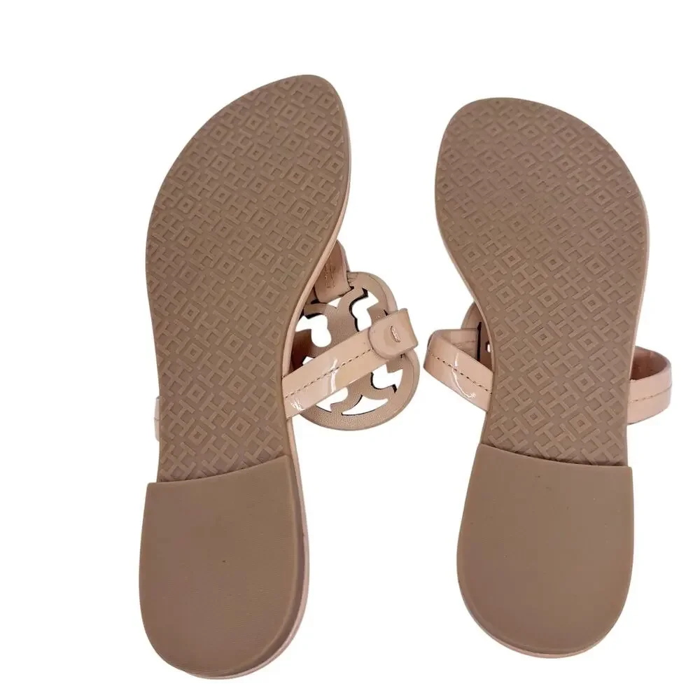 TORY BURCH Tan Beige Miller Sandal Flip Flop with Rainbow Stripe Logo